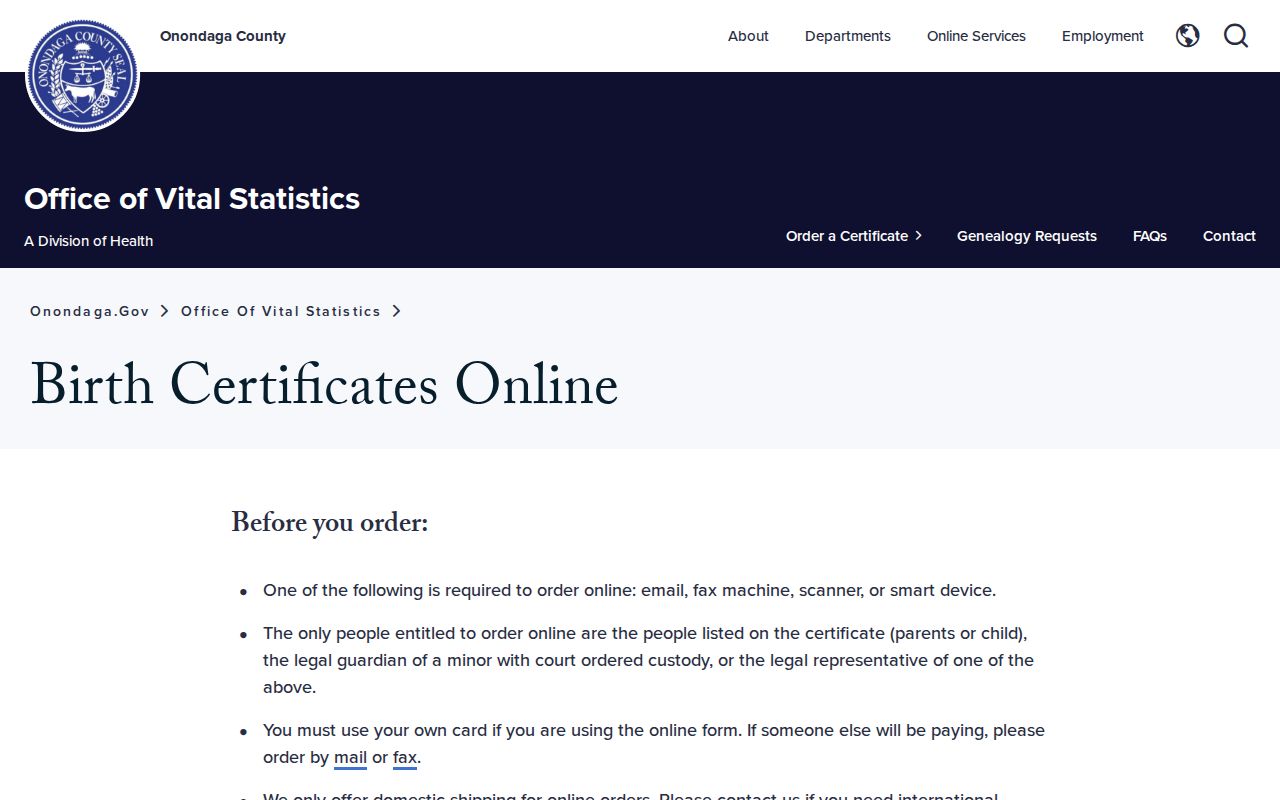 Cicero resident lookup reference showing Onondaga birth record application verification instructions