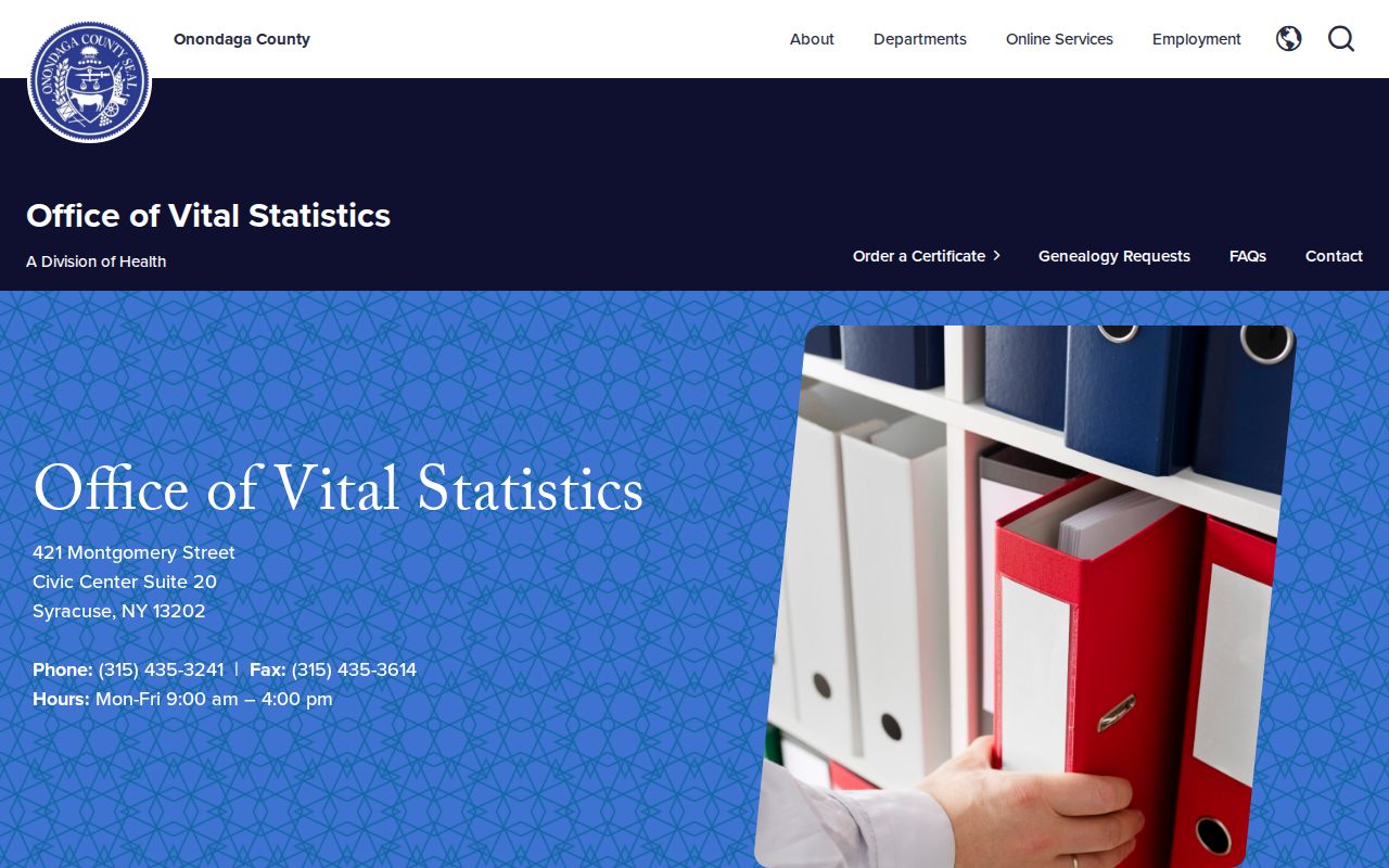 Cicero resident lookup reference showing the Onondaga County Vital Statistics official service page